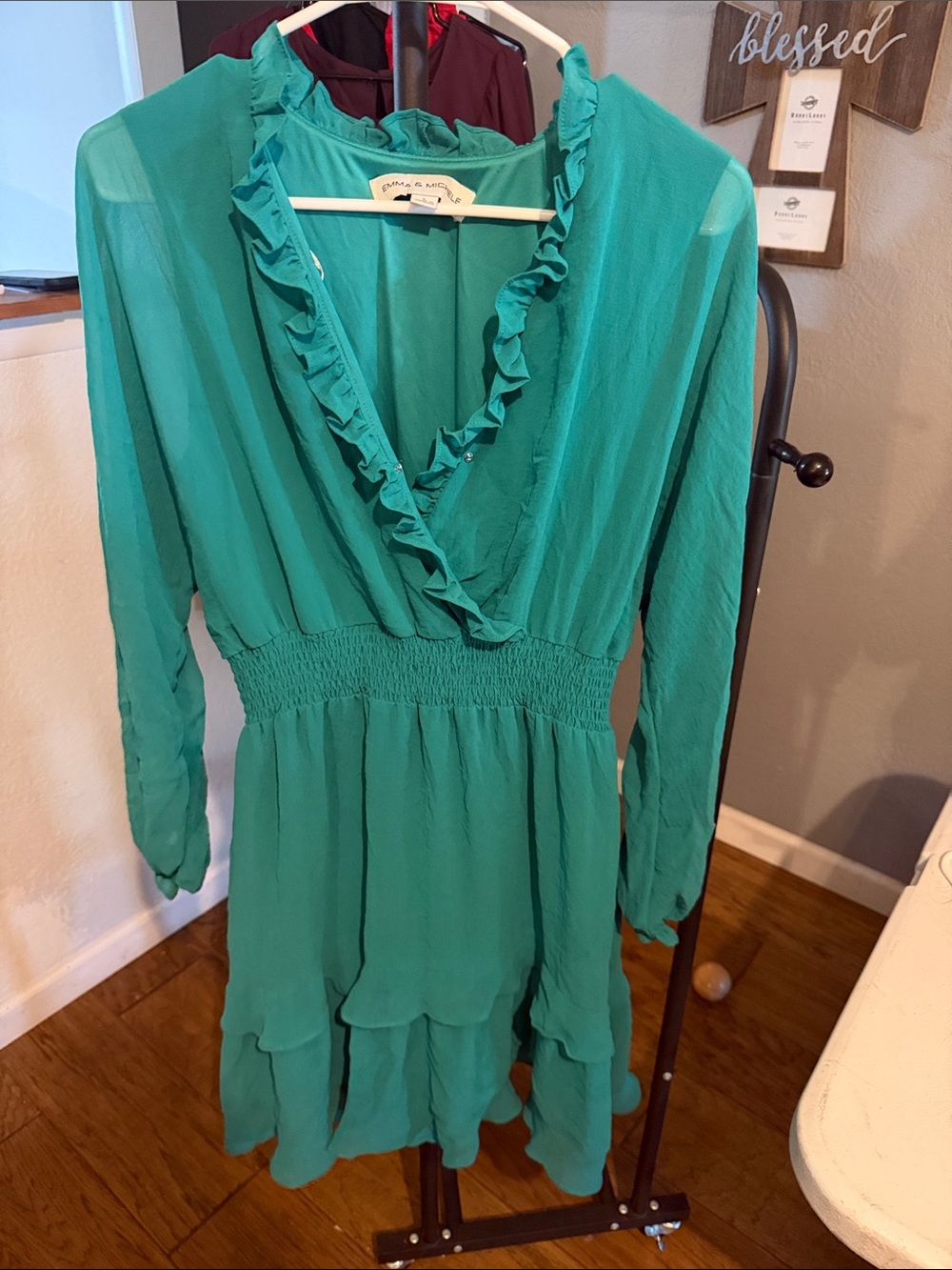 Emma & Michele Teal Ruffle Wrap-Style Long Sleeve Dress